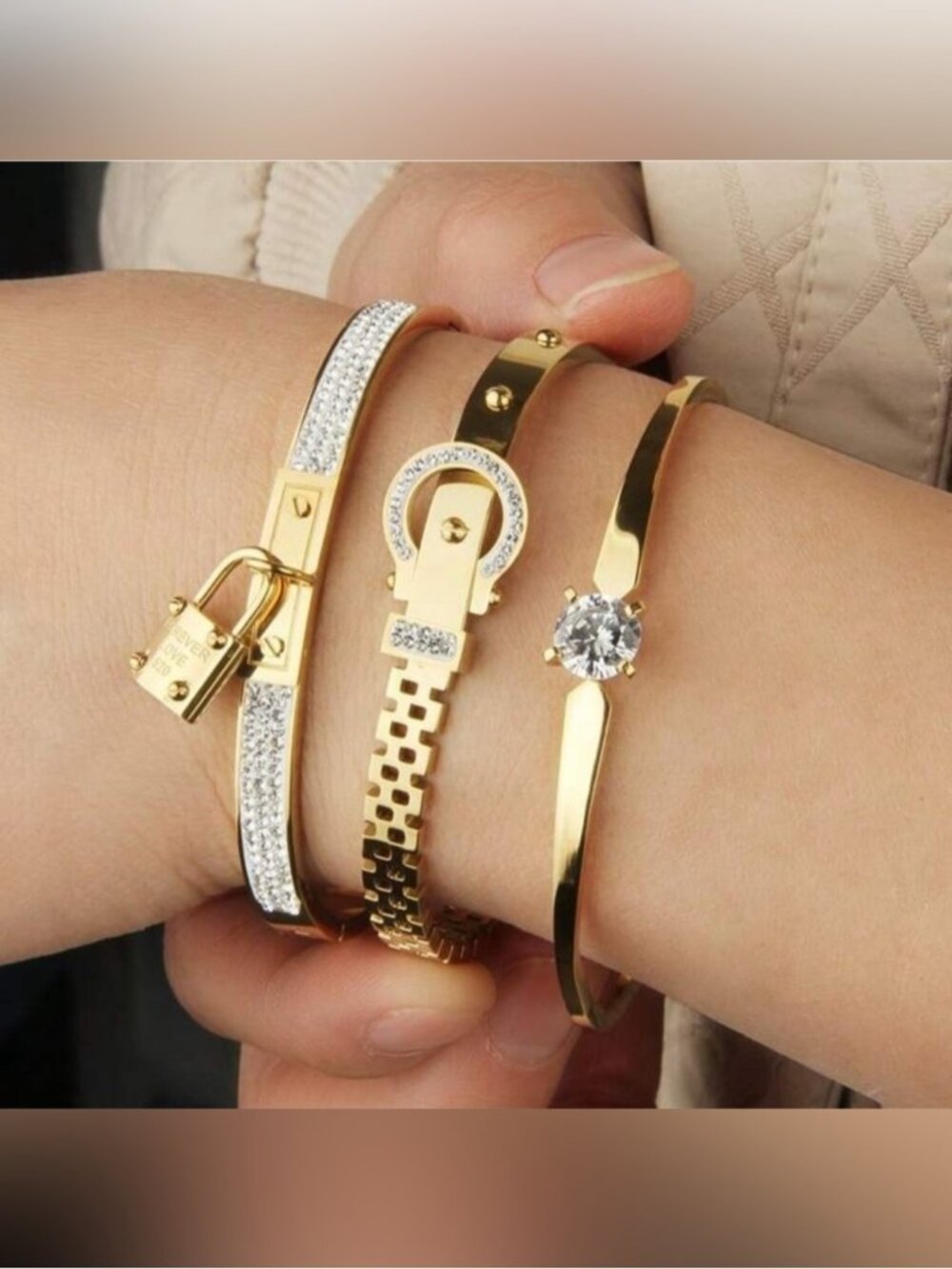 Gold Plated Stainless Steel 3-Piece Bracelet Set Lock,Buckle & Solitaire Design